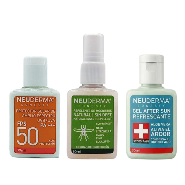 Kit Repelente de Mosquitos Orgánico 30ml + Protector Solar Sunesty Orange 30ml + Gel Refrescante After Sun 30ml - Neuderma