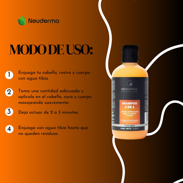 Shampoo 3 en 1 para Hombres, Ideal para Cabello, Rostro y Cuerpo - 250ml