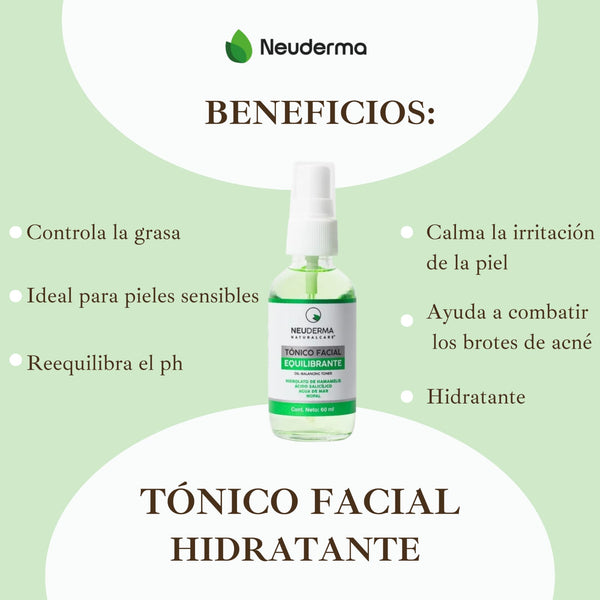 Tónico Facial Equilibrante con Hamamelis + Ácido Salicílico + Agua de Mar + Nopal - 60ml